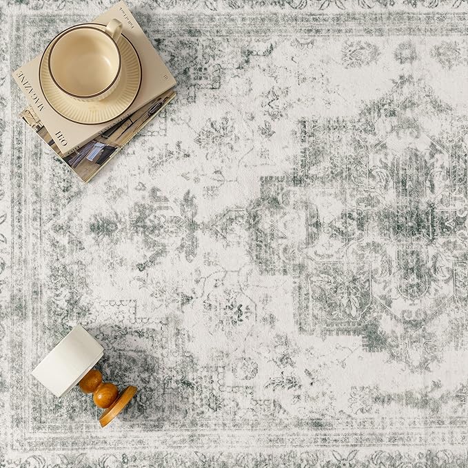 Runner Rug 2x8 Washable Gray Hallway Runner Vintage Boho Medallion Non Slip Grey Distressed Retro Carpet Indoor Low Pile Long Soft Rug for Kitchen Entryway Bedroom Bathroom Laundry