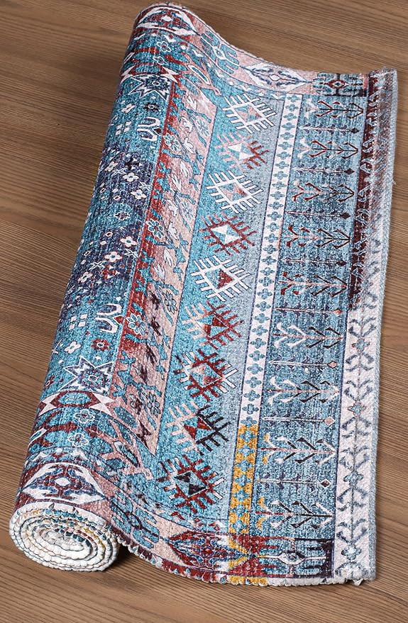 Washable Soft Small Boho Area Rugs, Rags Rug, Printed Carpet Chennile Rugs for Living Room 27x45 inch Teal Blue Multi,Machine Washable Printed Rugs - 30% Cotton, 70% Polyester