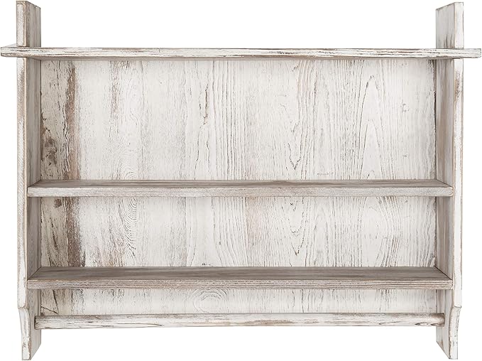 MyGift 3 Tier Wall Mounted Shabby White Washed Solid Wood Bathroom Storage Shelves, Wooden Floating Shelf Toilet Paper Holder Rack with 23 Inch Wide Towel Hanging Bar