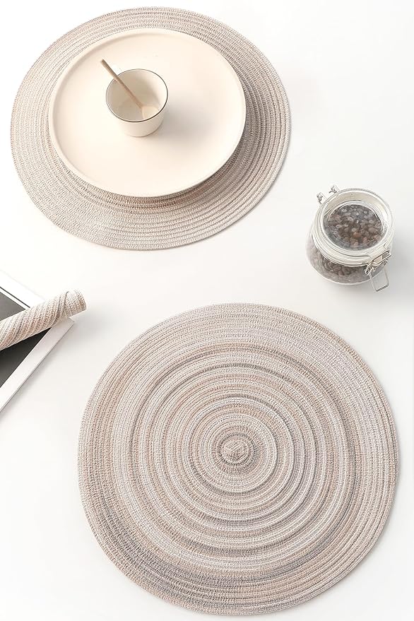 Floroom 15 Inch Round Braided Placemats Set of 4, Washable Heat Resistant Cotton Polyester Circle Place Mats for Kitchen Dining Table - Rainbow Gray
