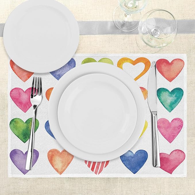 Ambesonne Grunge Place Mats Set of 8, Rainbow Color Heart Shapes Valentine's Day Design Romantic His and Hers Theme, Washable Fabric Placemats for Dining Table, Placemat 8 pcs, Red Multicolor