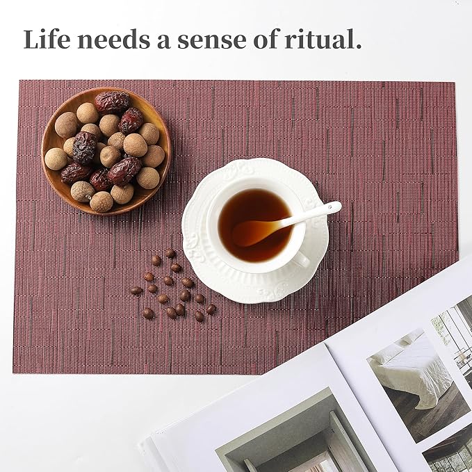 Leetaltree Burgundy Placemats Set of 8 - Heat Resistant Non-Slip Place mats for Dining Table, Washable Durable PVC Vinyl Woven Table Mats(Burgundy, 8)