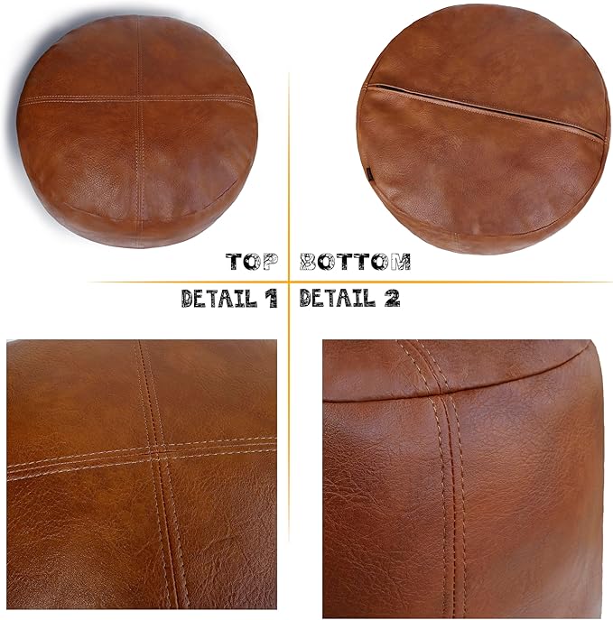 Thgonwid Unstuffed Faux Leather Pouf Cover, Handmade Footstool Ottoman Storage Solution, Floor Footrest Cushion, 16.5”Dx12”H, Amaretto
