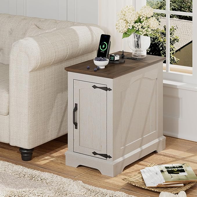 Narrow End Table with Storage, Farmhouse Side Table with Power Outlets & USB Ports, Small Night Stand for Living Room, for Bedroom, Living Room (Wood Door, White & Espresso)