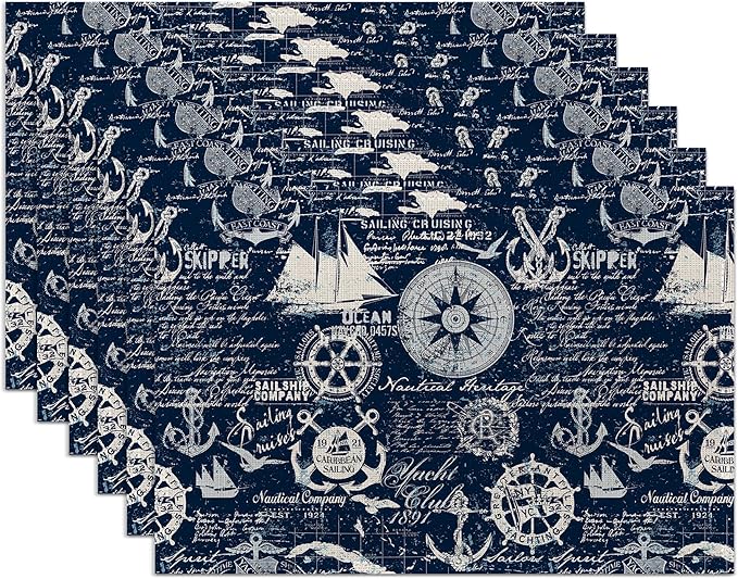 Nautical Navy Blue Placemats Set of 6,Washable Heat Resistant 12×18 Inch Linen Table Mats Caribbean Sailing Place Mats for Party Outdoor Dining Décor