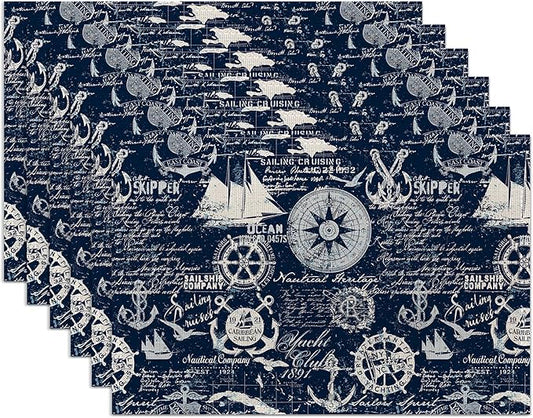 Nautical Navy Blue Placemats Set of 6,Washable Heat Resistant 12×18 Inch Linen Table Mats Caribbean Sailing Place Mats for Party Outdoor Dining Décor