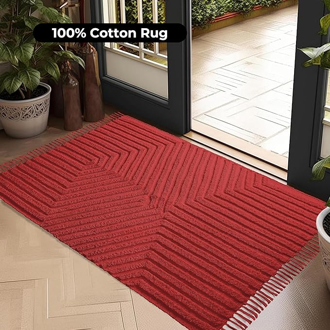 Boho Bathroom Rug 2' x 3', Washable Hand-Woven Tufted Cotton Rug with Tassels for Entryway, Foyer, Bedroom, or Kitchen - Rust Bricks