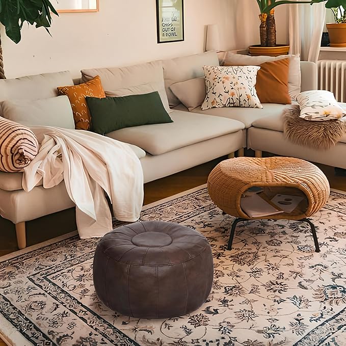 Thgonwid Unstuffed Moroccan Ottoman Pouf Cover, Ottoman Footstool Storage Solution, Bean Bag Chair, Foot Rest, Deep Coffee