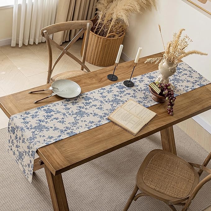 Pastoral Table Runner - 14 x 60 Inch Rectangle - Beige Linen - Washable Tabletop with Dust-Proof Wrinkle Resistant for Restaurant, Picnic, Indoor and Outdoor Dining, Floral (Dark Blue)