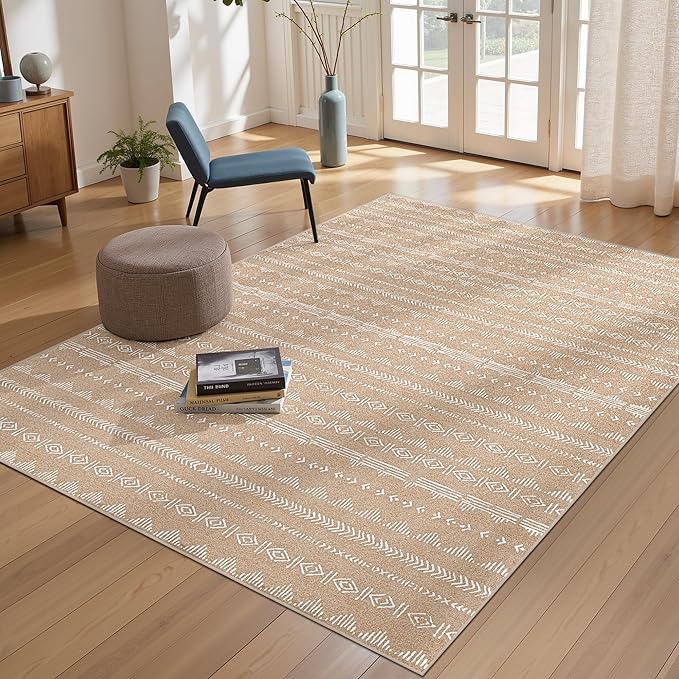 Deerly 3x5 Rugs Boho Moroccan Farmhouse Machine Washable Rug 3x5 Area Rug Non-Slip, Soft Low Pile Indoor Floor Carpet Neutral Rug for Living Room Kitchen Bedroom, Coffee