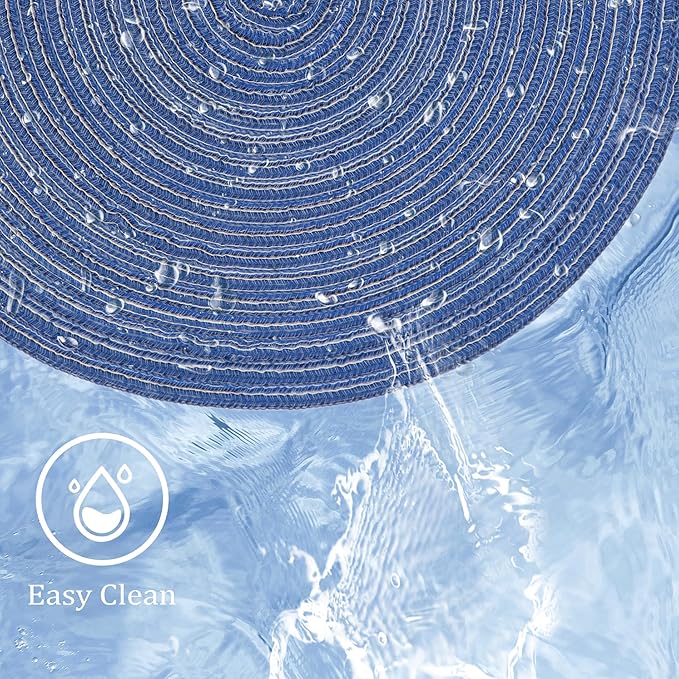 Braided Round Placemats Set of 6, Woven Washable Non-Slip Table Mats for Kitchen Dining, 14.5 Inch, Heat Resistant - Natural Fabric Indoor Outdoor Place Mats(Blue)