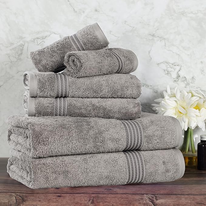 Superior Egyptian Cotton 6-Piece Towel Set, Assorted Towels for Home Bathroom, Master, Guest Bath, Decor Essentials, Includes 2 Bath, 2 Hand, 2 Face Towels/Washcloths, Quick Dry, Absorbent, Charcoal