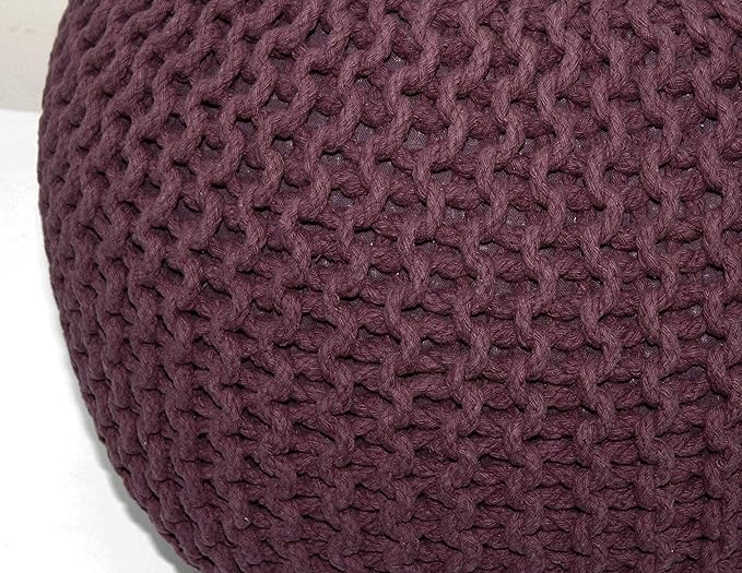 COTTON CRAFT Round Pouf - Hand Knitted Cotton Braid Cord Cable Dori Ottoman - Foot Stool - Floor Pouf Footrest Accent Seat Furniture Bean Bag - Living Room Kids Room Nursery Dorm Décor - 20x14 - Plum