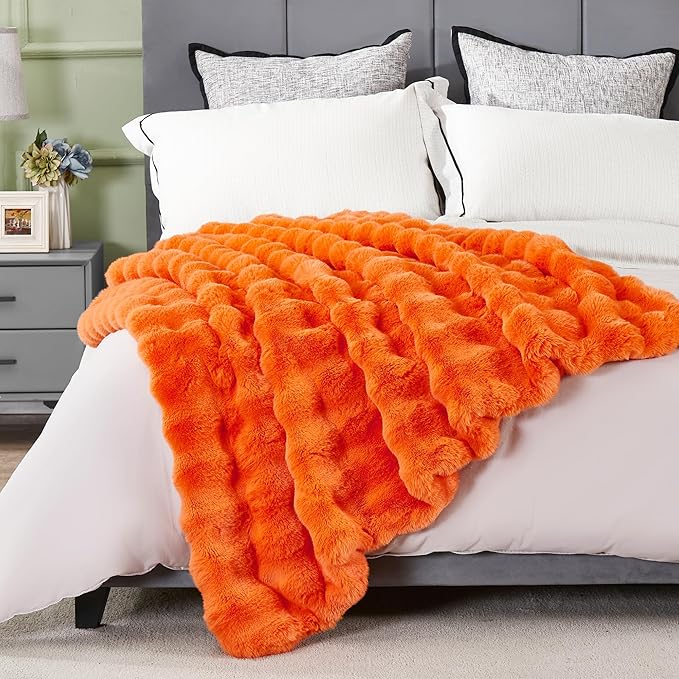 JONIYEAR Large Solid Fall Bubble Faux Rabbit Fur Bed Blanket Queen Size 80" x 90", Decorative Puffy Big Warm Fuzzy Blanket for Winter,Extra Thick Shaggy Cozy Comfy Fluffy Blankets for Adult Kid,Orange