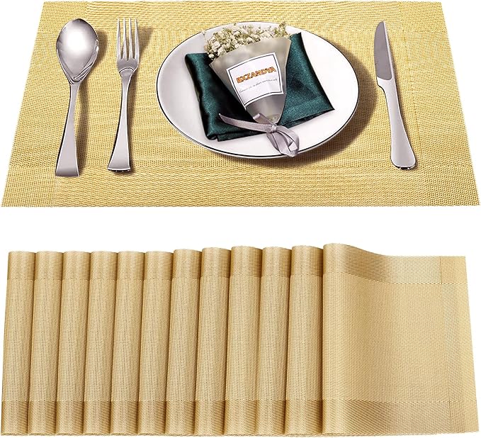 Placemats Set of 12,Washable,Heat and Stain Resistant Indoor/Outdoor Place mats, Vinyl Woven Non Slip Table Mats for Restaurant Table Protection, PVC Table Placemats.(Gold, 12PCS)…