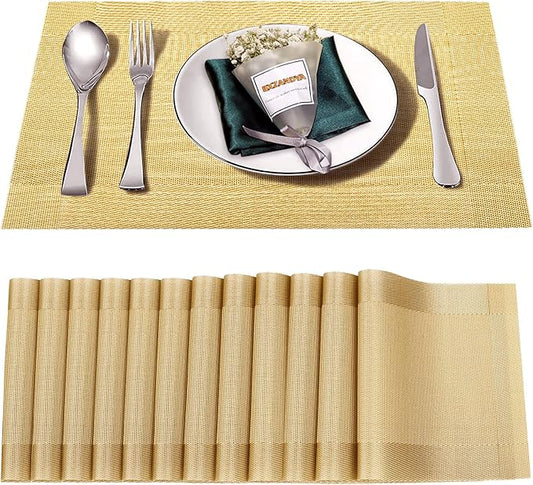 Placemats Set of 12,Washable,Heat and Stain Resistant Indoor/Outdoor Place mats, Vinyl Woven Non Slip Table Mats for Restaurant Table Protection, PVC Table Placemats.(Gold, 12PCS)…