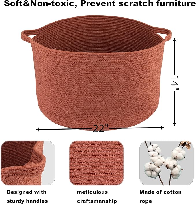 Large Cotton Rope Basket Blankets Basket Living Room 22"x14" Toy Basket for Kids and Dogs Rope Storage Basket for Nursery Woven Laundry Basket for Clothes Towels Baby Toy Storage round rustic
