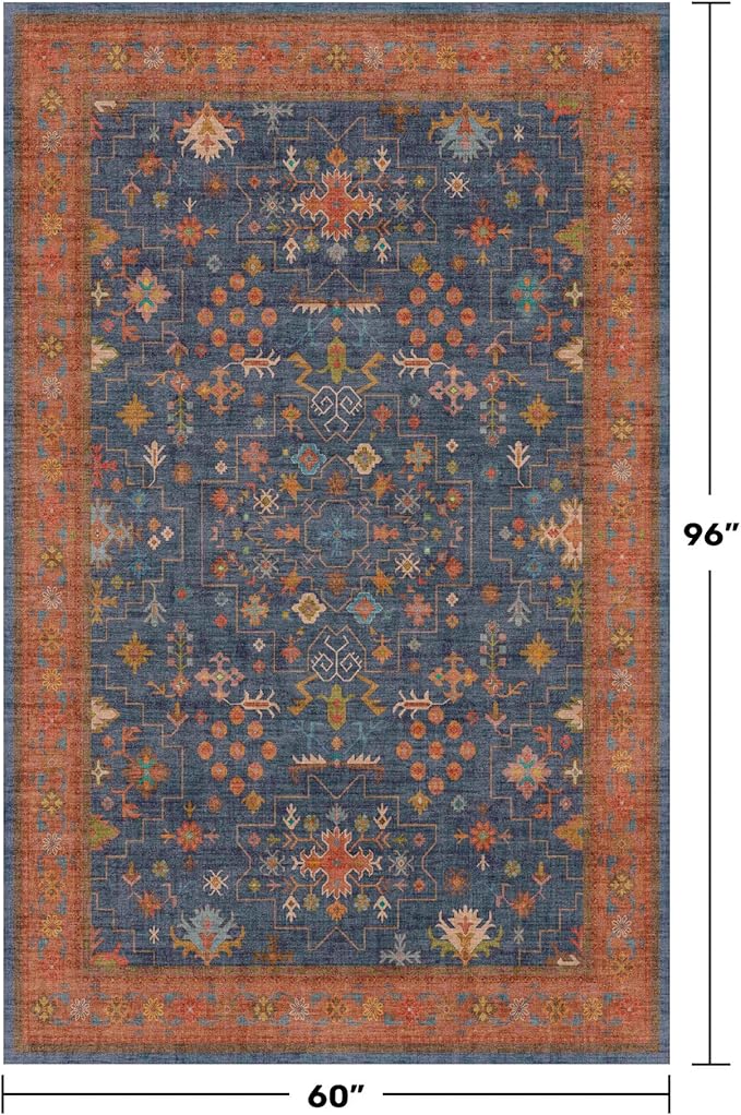 Dark Blue & Terracotta 5x8 Living Room Rug - Machine Washable Area Rugs for Bedroom, Dining Room, Kitchen Floor, Small Office, Low Pile Non-Slip Rubber Backing & Stain Resistance