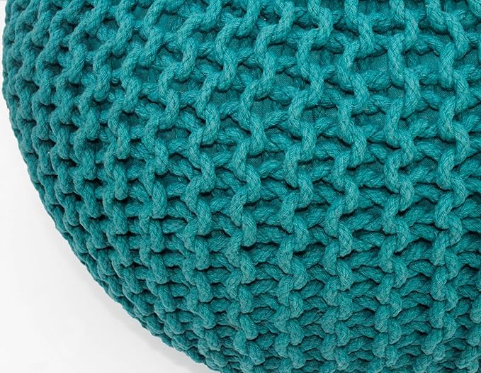 COTTON CRAFT Round Pouf - Hand Knitted Cotton Braid Cord Cable Dori Ottoman - Foot Stool - Floor Pouf Footrest Accent Seat Furniture Bean Bag - Living Room Kids Room Nursery Dorm Décor - 20x14 - Teal