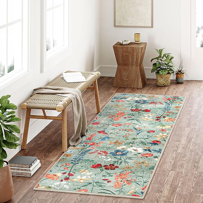 Floral Runner Rug 3x7 Washable Hallway Long Green Bedroom Carpet Non Slip Indoor Boho Kitchen Low Pile Accent Rug Lightweight Soft for Bathroom Dining Laundry Living Room