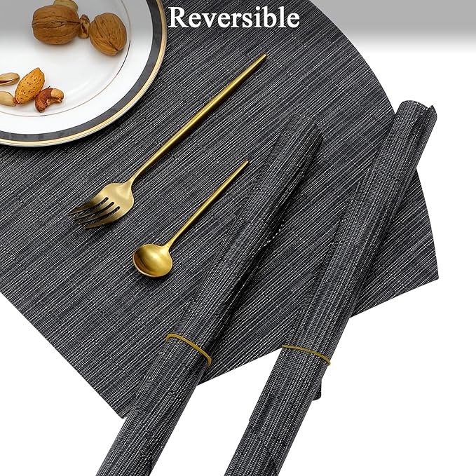 SHACOS Large Size Wedge Placemats with Centerpiece Round Mat Set of 5 Round Table Place Mats Washable Dining Table Placemats Reversible Durable, Black Gray