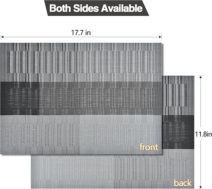 Placemats Set of 6 - Easy Clean Washable Vinyl Placemats - Heat Resistant PVC Place Mats for Dining Table (Black and Gray, 6)