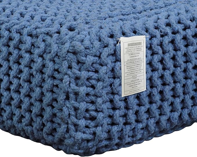 COTTON CRAFT Braided Footrest - Handknitted Cotton Cord Dori Foot Stool Ottoman - Low Floor Pouf - Lightweight Portable - Small Spaces Living Room Bedroom Entryway Under Desk - 14 x 8 Square - Blue