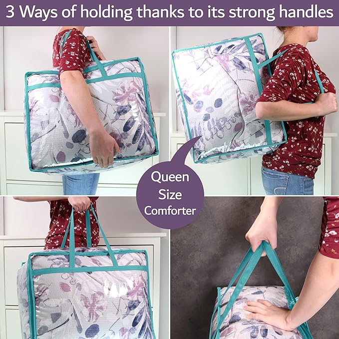 Clear Vinyl Zippered Storage Bags (3-Pack) 40L Sturdy Storage Bags for Sweaters, Blankets, Comforters, Bedding Sets and Much More! (Turquoise, 18x15x9)