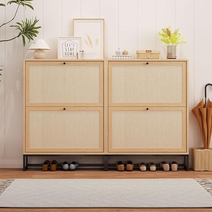 AVZEAR Shoe Cabinet with 2 Flip Drawer Door, Freestanding Shoe Organizer, Shoe Cabinet Storage for Entryway, Shoe Storage Shoe Rack for Closet with Linen Doors Drawer in Hallway, Living Room (Natural)