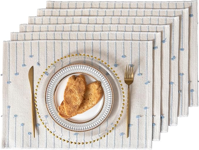 Placemats Set of 6 for Dining Table Décor, Woven Cloth Place Mats for Farmhouse Kitchen Tabletop, Handcrafted Machine Washable Cotton Table mats 13 x 19 Inch, Light Blue and Beige
