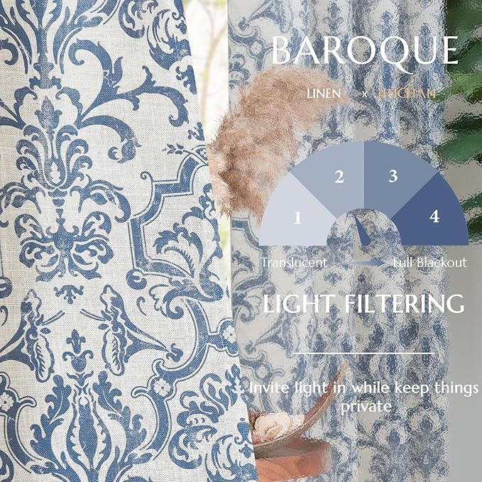 jinchan Curtains for Bedroom, Light Filtering Curtains 90 Inch Length 2 Panels Set, Baroque Style Linen Drapes for Living Room, Vintage Damask Patterned Window Treatments, Grommet Slate Blue on Flax