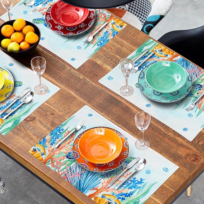 Giwawa Sea Turtle Placemats Set of 4, Watercolor Blue Tortoise Place Mat 12x18 Inch, Ocean Nautical Coral Coastal Marine Table Mats Heat Resistance for Kitchen Dining Party Picnic Decor