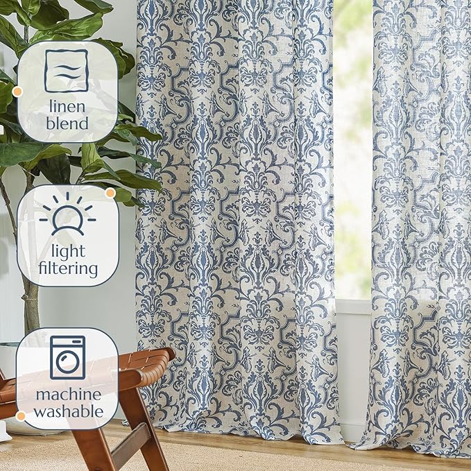 jinchan Curtains for Bedroom, Light Filtering Curtains 90 Inch Length 2 Panels Set, Baroque Style Linen Drapes for Living Room, Vintage Damask Patterned Window Treatments, Grommet Slate Blue on Flax
