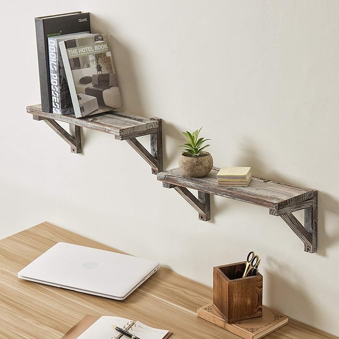 MyGift Wall Mounted Floating Shelves - 16.5 InchTorched Wood Decorative Shelf with Wooden Brackets, Set of 2