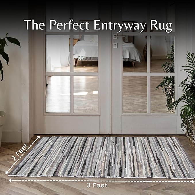 Rug Area Rugs Cotton Charcoal 2x3 Ft Multicolour Chindi for Livingroom Bedroom Washable RagRug Reversible Farmhouse Kitchen RunnerRug Carpet Area Runner Mat for Hallway, Entryway