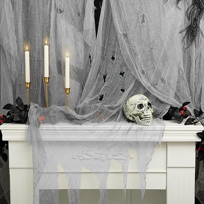 RunNico 600x36 Inch Large Size Gray Halloween Creepy Gauze Cloth Decoration,Spooky Fabric Cloth,Halloween Haunted Cheesecloth for Drapes,Stairway Decor,Outdoors Doorways Decorations