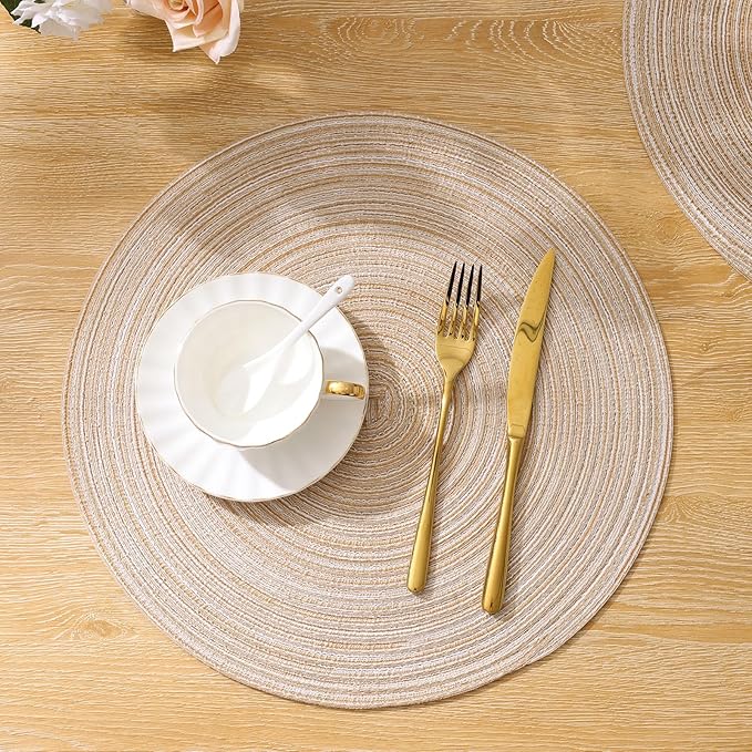 SHACOS Round Braided Placemats Set of 4 Round Table Mats for Dining Tables 15 inch Washable Kitchen Table Place Mats Indoor (Beige, 4)