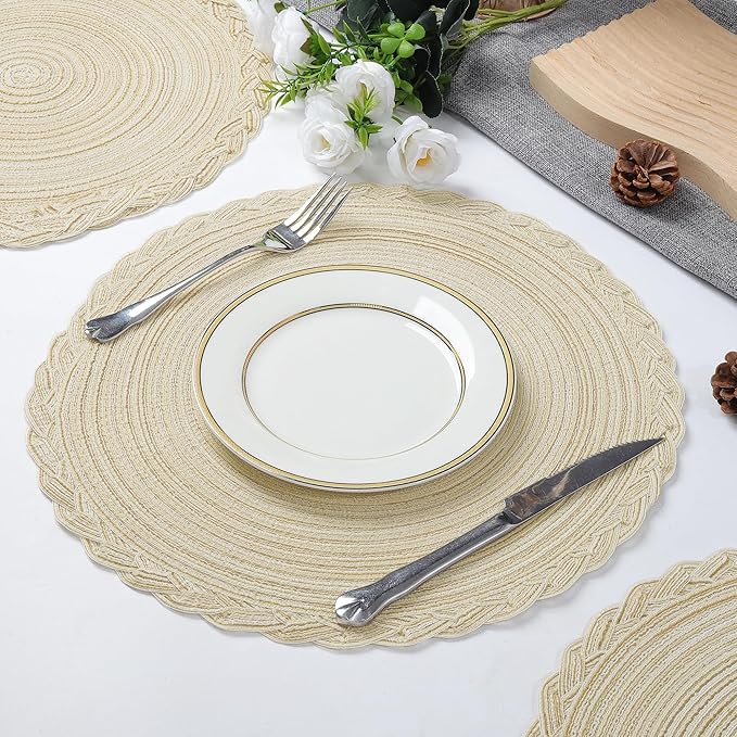 fanquare Beige Round Braided Placemats with Woven Lace Edge, 15 Inch Farmhouse Style Placemat for Table Decor, Heat Resistant Durable Table Mats