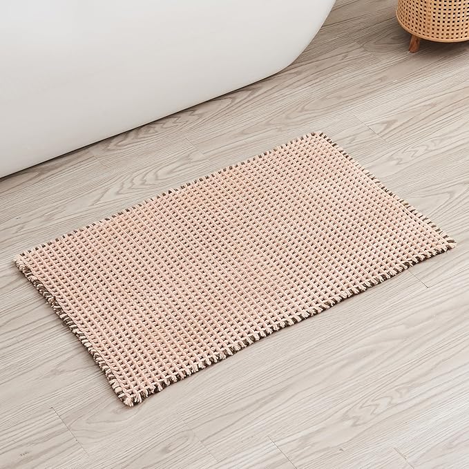 Douceur Waffle Bath mat for Bathroom Floor Non Slip, Super Soft Acrylic Blend Bath Rugs with Tassels, Quick Dry Bathroom Rugs Machine Washable, 16" x 24", Brown