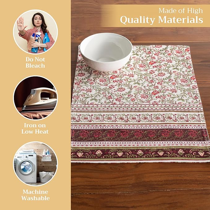 Maison d' Hermine Placemats Set of 4 100% Cotton Washable Cloth Place Mats, Reusable Table Mats for Kitchen Dining Decoration, Party, Wedding, Restaurant (Reveillon Au Jardin, 13" x 19")