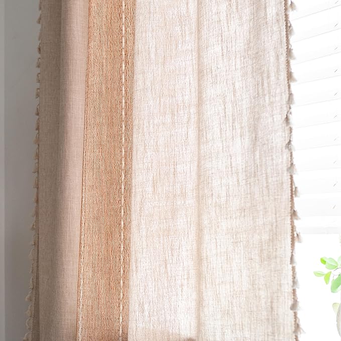 Sutuo Home Boho Curtains 72 inch for Kitchen Nursery Room, Semi Blackout Linen Farmhouse Tassels Window Treatment Vintage Bohemian Embroidery Drape, Rod Pocket 1 Panel 52" W x 72" L, Coffee Linen