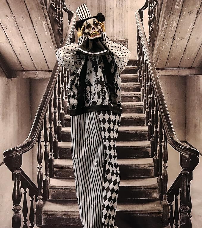 Haunted Hill Farm Life-Size Scary Talking Clown Halloween Animatronic with Touch Activated Lights and Sounds, Battery Operated Indoor or Covered Outdoor Halloween Decorations, Spooky Halloween Prop