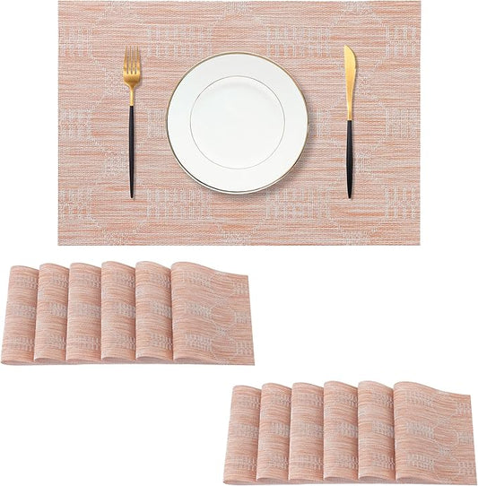 Leetaltree Coral Placemats Set of 12 - Heat Resistant Non-Slip Place mats for Dining Table, Washable Durable PVC Vinyl Woven Table Mats(Coral, 12)