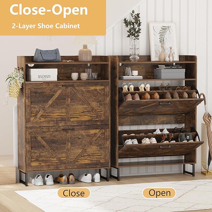 Shoe Cabinet with 2 Flip Drawers, Freestanding Hidden Shoe Storage Organizer for Entryway, Narrow Slim Shoe Rack Cabinet with Open Storage & Hooks for Front Door Entrance, Living Room, Hallway, Brown