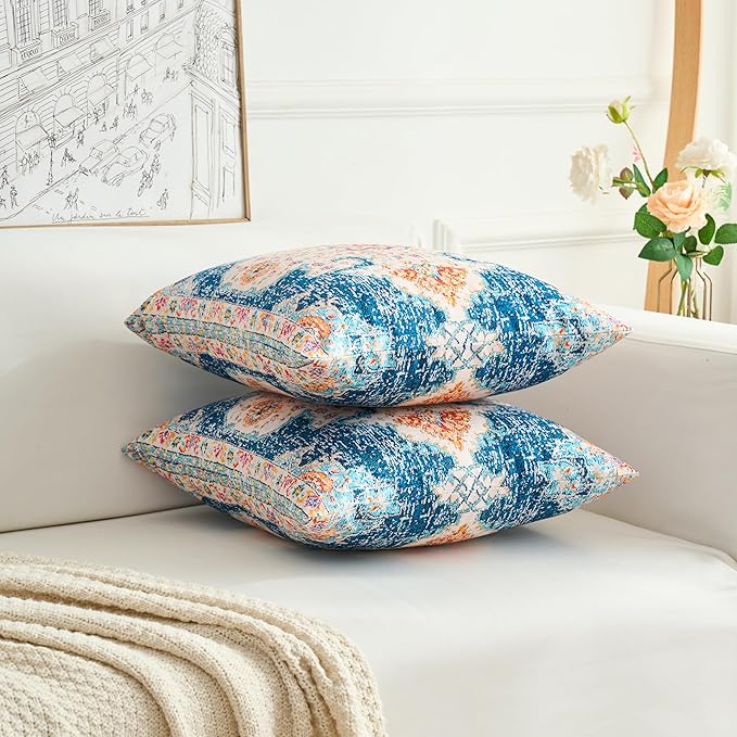Boho Throw Pillow Covers 16x16 inch Set of 2,Boho Vintage Carpet Pattern Antique Ethnic Decor Double Sided Pattern Cushion Cover Soft Pillow Case Living Sofa Room Bed Square Pillow Cover