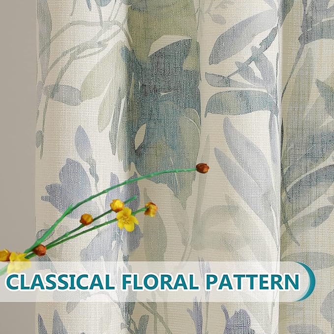 MYSKY HOME Sage Green Curtains 45 Inch Length Light Filtering Cotton Curtains for Kitchen Bedroom Floral Printing Window Treatment Grommet 2 Panels,Sage and Natural