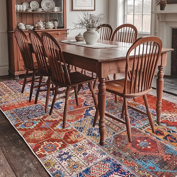 Area Rug 6x9 for Living Room,Washable Stain Resistant Geometric Boho Rugs for Dining Room Table,Terracotta Rust Burnt Orange Red and Navy Blue