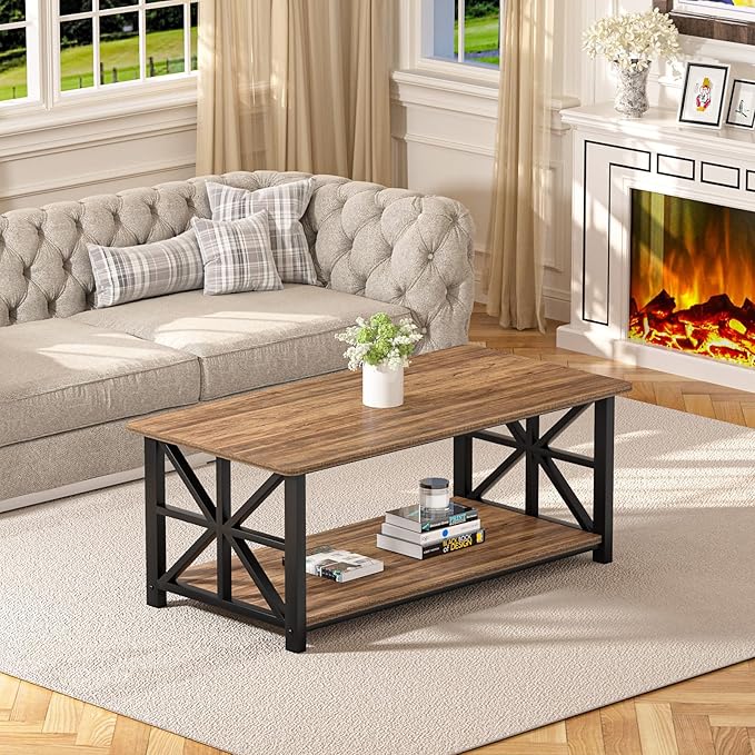 GreenForest Coffee Table with Round Corner, Farmhouse Center Table with 2-Tier Storage Shelf X-Frame Design for Living Room, 39 inch Walnut