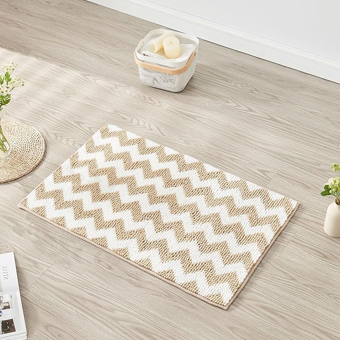 CozeCube Chenille Bathroom Rugs 59" x 24", Soft Microfiber Chevron Bath Mats for Bathroom, Non Slip Shaggy Bath Rugs Machine-Washable, Plush Absorbent Shower Mat, Beige