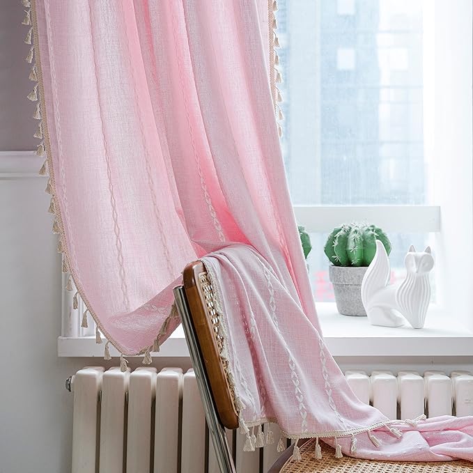 Sutuo Home Boho Curtain for Bedroom Living Room 63 Inch Length, Light Filtering Country Farmhouse Vintage Shabby Chic Tassels Window Treatment Bohemian Drape, 1 Panel 52" W x 63" L, Pink